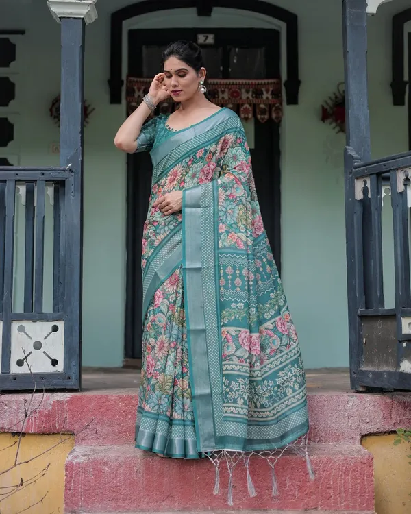 White_&_Multicolor_Cotton_Linen_Digital_Print_&_Floral_Print_Bollywood_Saree_For_Women