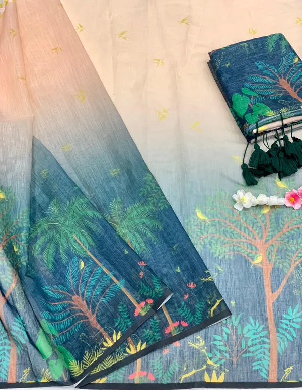 White_&_Multicolor_Cotton_Linen_Digital_Print_&_Floral_Print_Bollywood_Saree_For_Women