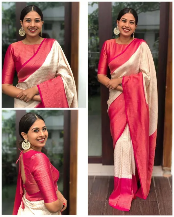 Cream_&_Pink_Jacquard_Self_Design_Banarasi_Saree_For_Women