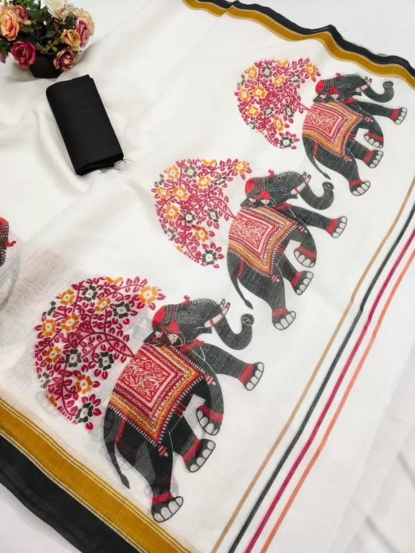 White_&_Black_Cotton_Linen_Digital_Print_Saree_For_Women