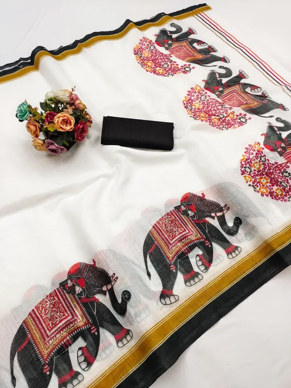 White_&_Black_Cotton_Linen_Digital_Print_Saree_For_Women