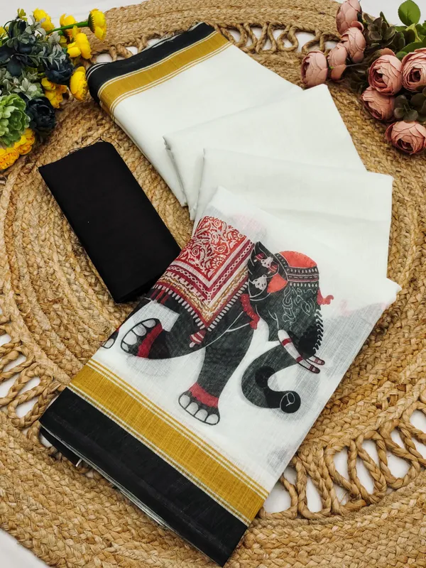 White_&_Black_Cotton_Linen_Digital_Print_Saree_For_Women
