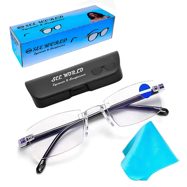 SEE_WORLD_-_BLACK_Rimless_Frame_Blue_Cut_Reading_Eyeglasses_With_Case_And_Cleaning_Cloth