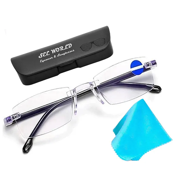 SEE_WORLD_-_BLACK_Rimless_Frame_Blue_Cut_Reading_Eyeglasses_With_Case_And_Cleaning_Cloth