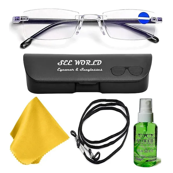 SEE_WORLD_-_BLACK_Blue-Cut_Rimless_Frame_Reading_Eyeglasses_With_Hard_Case,_Lens_Cleaning_Spray,_Cleaning_Cloth_And_Hanging_Dori