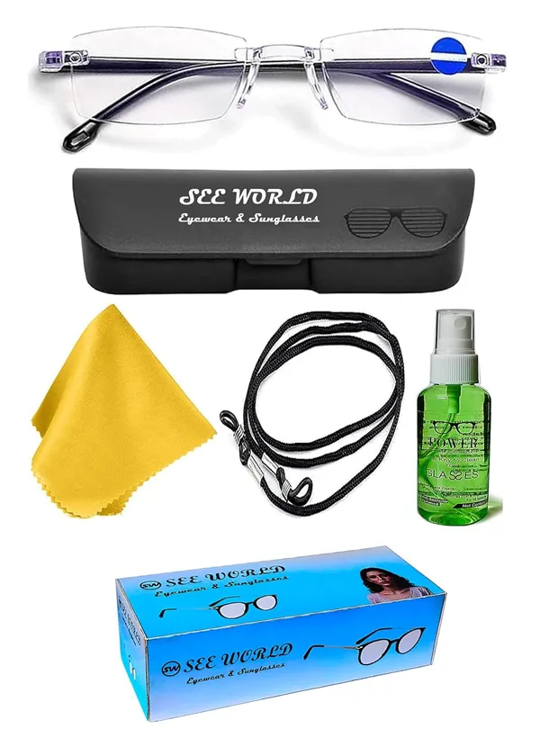 SEE_WORLD_-_BLACK_Blue-Cut_Rimless_Frame_Reading_Eyeglasses_With_Hard_Case,_Lens_Cleaning_Spray,_Cleaning_Cloth_And_Hanging_Dori