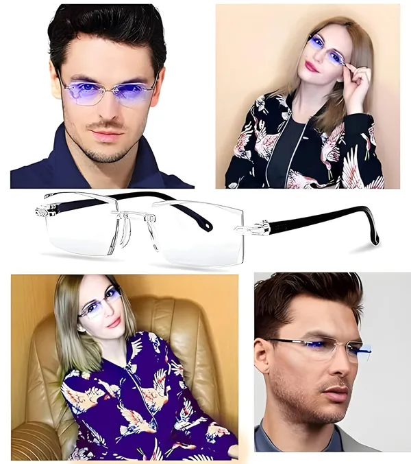 SEE_WORLD_-_BLACK_Blue-Cut_Rimless_Frame_Reading_Eyeglasses_With_Hard_Case,_Lens_Cleaning_Spray,_Cleaning_Cloth_And_Hanging_Dori