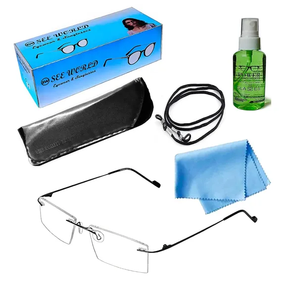 See_World_-_BLACK_Rimless_Thin_Metal_Frame_Reading_Eyeglasses_With_Soft_Cover,_Lens_Cleaning_Spray,_Cleaning_Cloth_&_Hanging_Dori