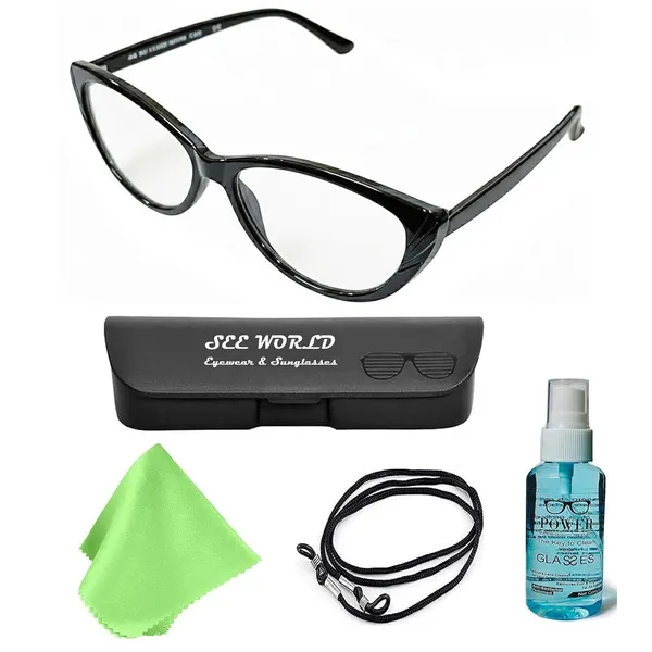 SEE_WORLD_-_BLACK_Frame_Cat_Eye_Style_Reading_Eyeglasses_With_Hard_Case,_Lens_Cleaning_Spray,_Cleaning_Cloth_And_Hanging_Dori
