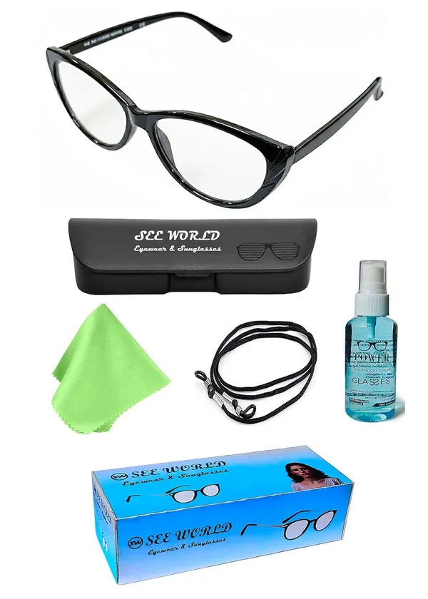 SEE_WORLD_-_BLACK_Frame_Cat_Eye_Style_Reading_Eyeglasses_With_Hard_Case,_Lens_Cleaning_Spray,_Cleaning_Cloth_And_Hanging_Dori