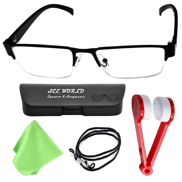 BLACK_Half_Rim_Metal_Frame_Reading_Eyeglasses_with_Hard_Case,_Lens_Cleaner_Brush_Tool,_Cleaning_Cloth_and_Hanging_Dori