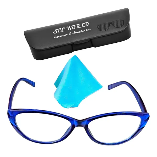 SEE_WORLD_-_BLUE_Frame_Cat_Eye_Reading_Eye_Glasses_Light_Weight_with_Eye_Protection_and_No_Eye_Strain_for_Girls,_Ladies_and_Women_with_Hard_Case_and_Cleaning_Cloth