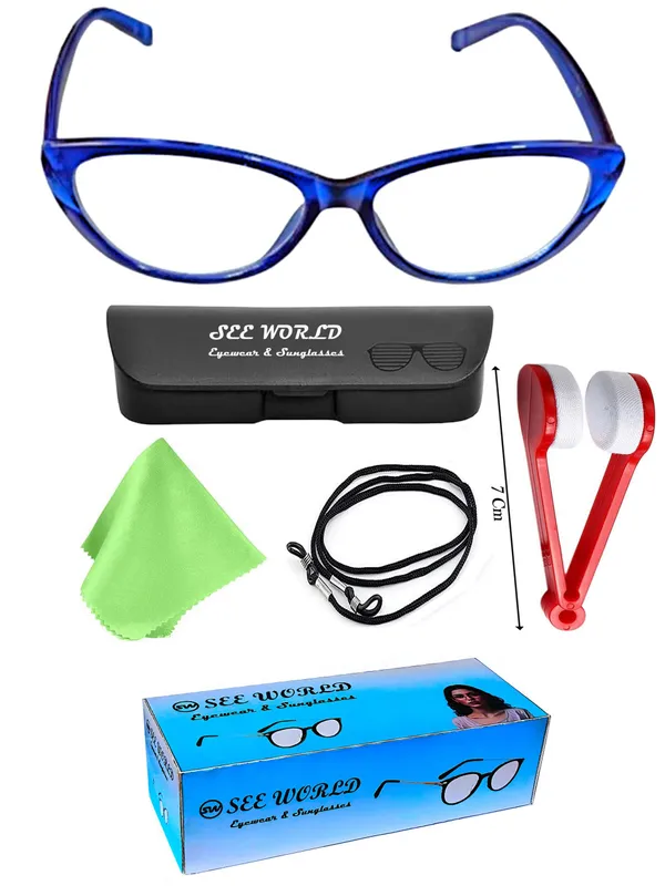 SEE_WORLD_-_BLUE_Frame_Cat_Eye_Style_Reading_Eyeglasses_with_Lens_Cleaner_Brush_Tool,_Hard_Case,_Cleaning_Cloth_And_Hanging_Dori
