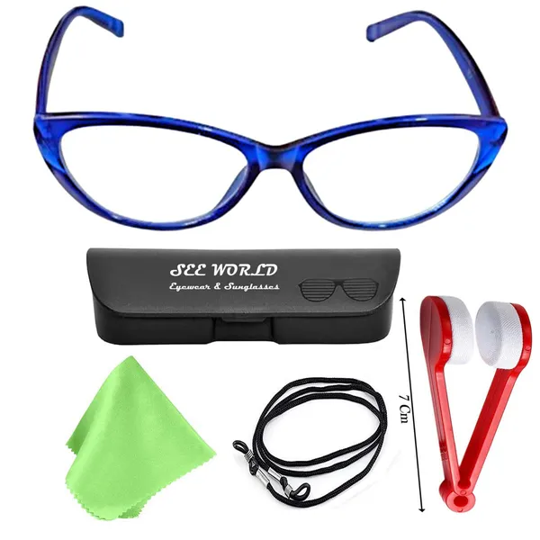 SEE_WORLD_-_BLUE_Frame_Cat_Eye_Style_Reading_Eyeglasses_with_Lens_Cleaner_Brush_Tool,_Hard_Case,_Cleaning_Cloth_And_Hanging_Dori
