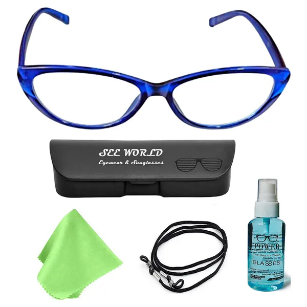 SEE_WORLD_-_BLUE_Frame_Cat_Eye_Style_Reading_Eyeglasses_with_Lens_Cleaning_Spray,_Hard_Case,_Cleaning_Cloth_And_Hanging_Dori
