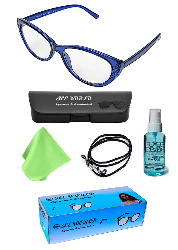 SEE_WORLD_-_BLUE_Frame_Cat_Eye_Style_Reading_Eyeglasses_with_Lens_Cleaning_Spray,_Hard_Case,_Cleaning_Cloth_And_Hanging_Dori