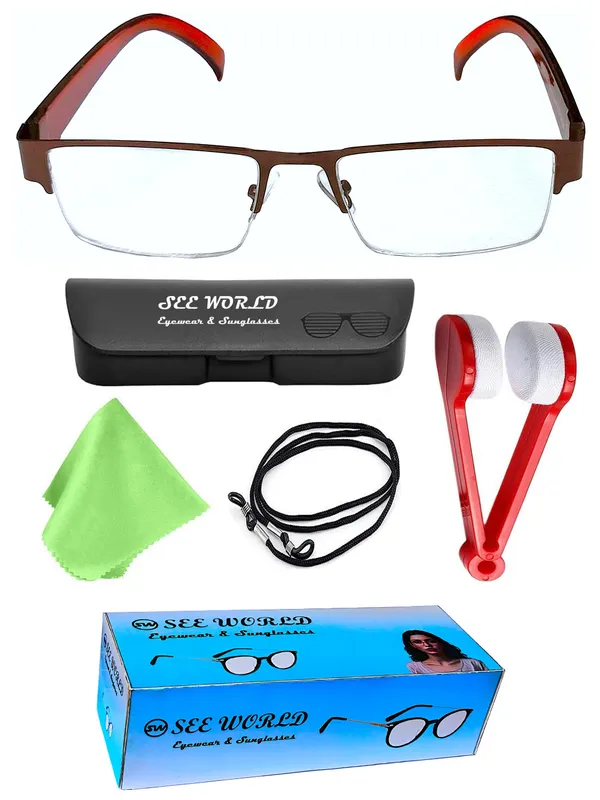 BROWN_Half_Rim_Metal_Frame_Reading_Eyeglasses_with_Hard_Case,_Lens_Cleaner_Brush_Tool,_Cleaning_Cloth_and_Hanging_Dori