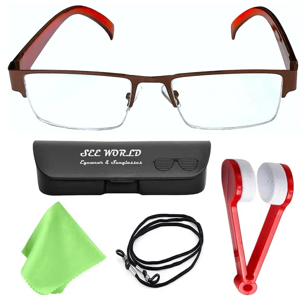 BROWN_Half_Rim_Metal_Frame_Reading_Eyeglasses_with_Hard_Case,_Lens_Cleaner_Brush_Tool,_Cleaning_Cloth_and_Hanging_Dori