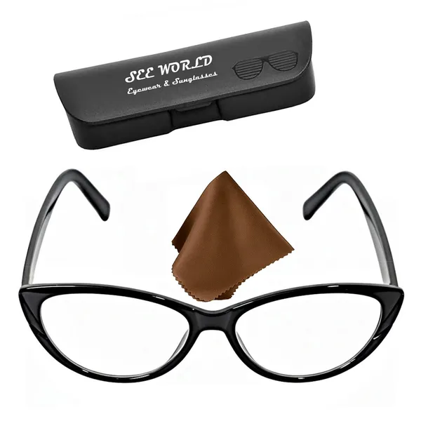SEE_WORLD_-_BLACK_Frame_Cat_Eye_Reading_Eye_Glasses_Light_Weight_with_Eye_Protection_and_No_Eye_Strain_for_Girls,_Ladies_and_Women_with_Hard_Case_and_Cleaning_Cloth