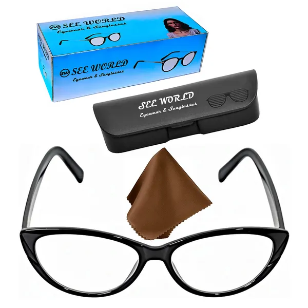 SEE_WORLD_-_BLACK_Frame_Cat_Eye_Reading_Eye_Glasses_Light_Weight_with_Eye_Protection_and_No_Eye_Strain_for_Girls,_Ladies_and_Women_with_Hard_Case_and_Cleaning_Cloth