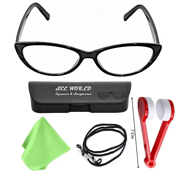 SEE_WORLD_-_BLACK_Frame_Cat_Eye_Style_Reading_Eyeglasses_with_Lens_Cleaner_Brush_Tool,_Hard_Case,_Cleaning_Cloth_And_Hanging_Dori