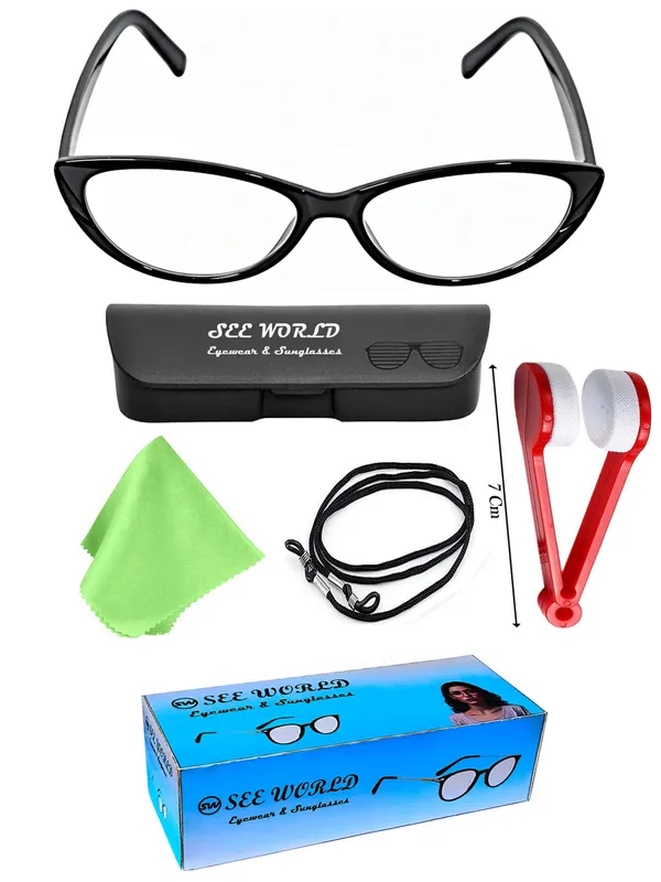 SEE_WORLD_-_BLACK_Frame_Cat_Eye_Style_Reading_Eyeglasses_with_Lens_Cleaner_Brush_Tool,_Hard_Case,_Cleaning_Cloth_And_Hanging_Dori
