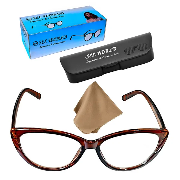 SEE_WORLD_-_BROWN_Frame_Cat_Eye_Reading_Eye_Glasses_Light_Weight_with_Eye_Protection_and_No_Eye_Strain_for_Girls,_Ladies_and_Women_with_Hard_Case_and_Cleaning_Cloth