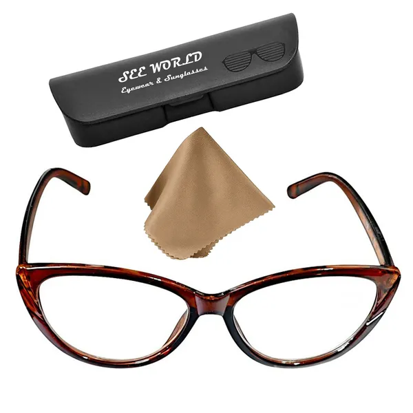 SEE_WORLD_-_BROWN_Frame_Cat_Eye_Reading_Eye_Glasses_Light_Weight_with_Eye_Protection_and_No_Eye_Strain_for_Girls,_Ladies_and_Women_with_Hard_Case_and_Cleaning_Cloth