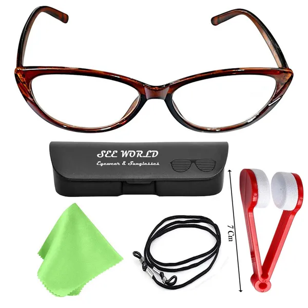 SEE_WORLD_-_BROWN_Frame_Cat_Eye_Style_Reading_Eyeglasses_with_Lens_Cleaner_Brush_Tool,_Hard_Case,_Cleaning_Cloth_And_Hanging_Dori