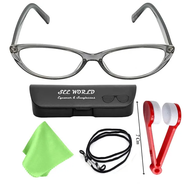 SEE_WORLD_-_GREY_Frame_Cat_Eye_Style_Reading_Eyeglasses_with_Lens_Cleaner_Brush_Tool,_Hard_Case,_Cleaning_Cloth_And_Hanging_Dori