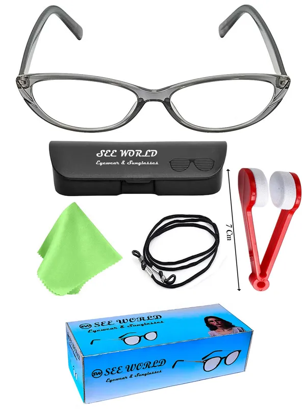 SEE_WORLD_-_GREY_Frame_Cat_Eye_Style_Reading_Eyeglasses_with_Lens_Cleaner_Brush_Tool,_Hard_Case,_Cleaning_Cloth_And_Hanging_Dori