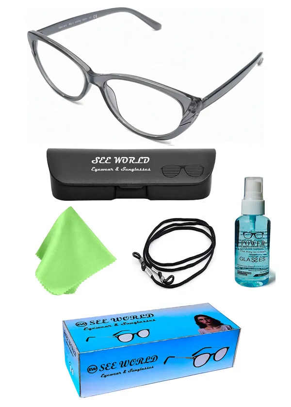 SEE_WORLD_-_GREY_Frame_Cat_Eye_Style_Reading_Eyeglasses_with_Lens_Cleaning_Spray,_Hard_Case,_Cleaning_Cloth_And_Hanging_Dori