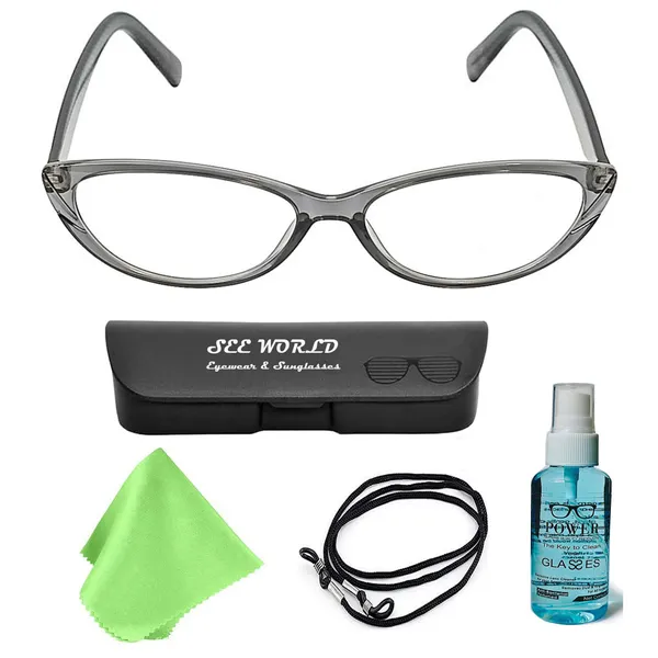 SEE_WORLD_-_GREY_Frame_Cat_Eye_Style_Reading_Eyeglasses_with_Lens_Cleaning_Spray,_Hard_Case,_Cleaning_Cloth_And_Hanging_Dori