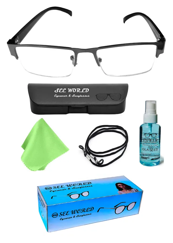 GREY_Half_Rim_Metal_Frame_Reading_Eyeglasses_With_Cover,_Lens_Cleaning_Spray,_Cleaning_Cloth_&_Hanging_Dori