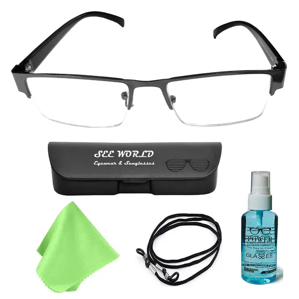GREY_Half_Rim_Metal_Frame_Reading_Eyeglasses_With_Cover,_Lens_Cleaning_Spray,_Cleaning_Cloth_&_Hanging_Dori