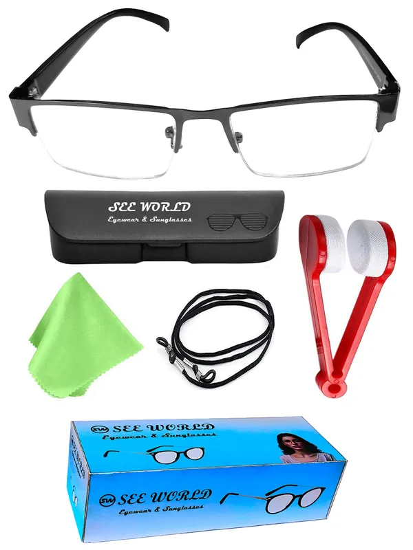 GREY_Half_Rim_Metal_Frame_Reading_Eyeglasses_with_Hard_Case,_Lens_Cleaner_Brush_Tool,_Cleaning_Cloth_and_Hanging_Dori