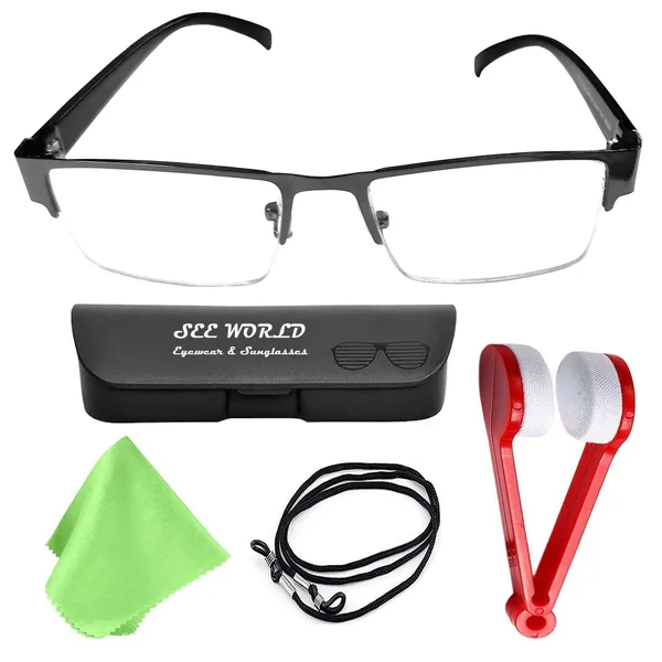 GREY_Half_Rim_Metal_Frame_Reading_Eyeglasses_with_Hard_Case,_Lens_Cleaner_Brush_Tool,_Cleaning_Cloth_and_Hanging_Dori
