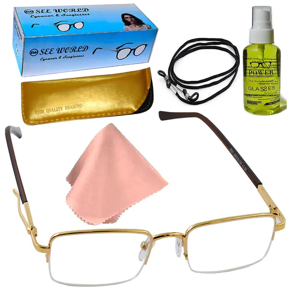 See_World_-_GOLDEN_Half_Rim_Metal_Frame_With_Pen_Clip_Spring_Hinges_Reading_Eye_Glasses_With_Eye_Protection,_Soft_Cover,_Cleaning_Spray,_Cleaning_Cloth_&_Dori