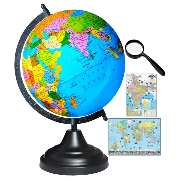SEE_WORLD_-_Black_Globe,_50_mm_Magnifying_Glass,_India_and_World_Map_Charts_|_12_Inch_Height,_8_Inch_Diameter_(Medium_Size)|_Metallic_Decorative,_Multicolor_Map,_Blue_Ocean,_Showpiece_For_Kids_School_College_Home_Offices