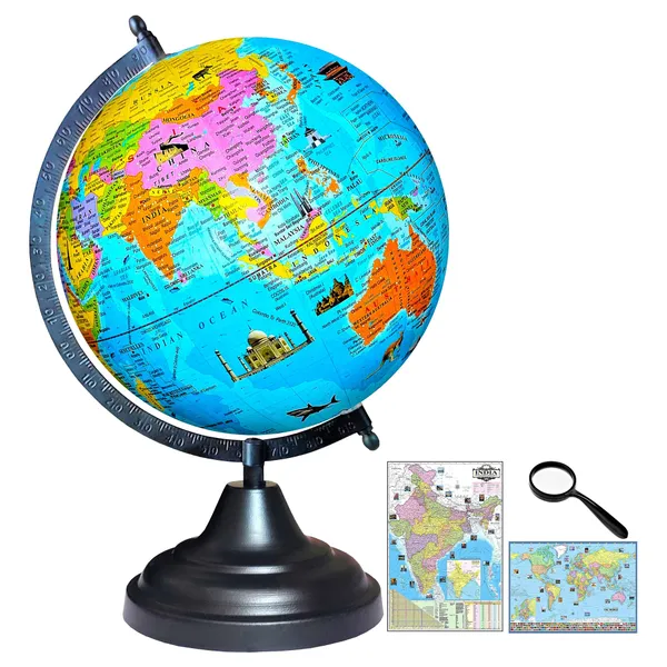 SEE_WORLD_-_Black_Globe,_50_mm_Magnifying_Glass,_India_and_World_Map_Charts_|_12_Inch_Height,_8_Inch_Diameter_(Medium_Size)|_Metallic_Decorative,_Multicolor_Monuments_Map,_Blue_Ocean,_Showpiece_For_Kids_School_College_Home_Offices