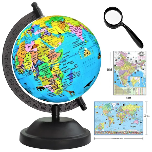 SEE_WORLD_-_Black_Globe,_50_mm_Magnifying_Glass,_India_and_World_Map_Charts_|_8_Inch_Height,_5_Inch_Diameter_(Small_Size)|_Metallic_Decorative,_Multicolor_Monuments_Map,_Blue_Ocean,_Showpiece_For_Kids_School_College_Home_Offices