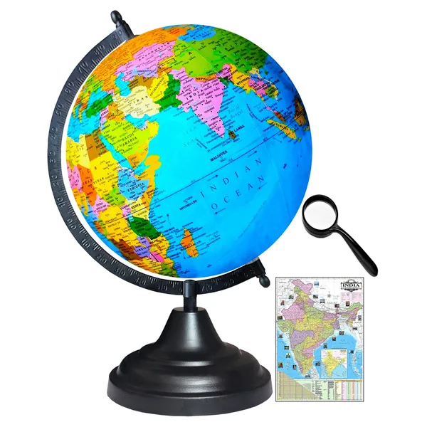 SEE_WORLD_-_Black_Globe,_50_mm_Magnifying_Glass_and_India_Map_Chart_|_12_Inch_Height,_8_Inch_Diameter_(Medium_Size)|_Metallic_Decorative,_Multicolor_Map,_Blue_Ocean,_Showpiece_For_Kids_School_College_Home_Offices