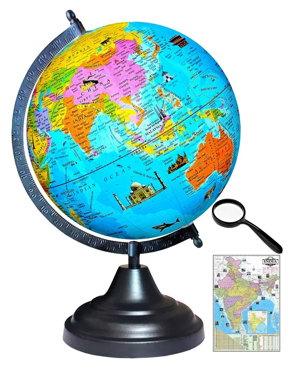 SEE_WORLD_-_Black_Globe,_50_mm_Magnifying_Glass_and_India_Map_Chart_|_12_Inch_Height,_8_Inch_Diameter_(Medium_Size)|_Metallic_Decorative,_Multicolor_Monuments_Map,_Blue_Ocean,_Showpiece_For_Kids_School_College_Home_Offices