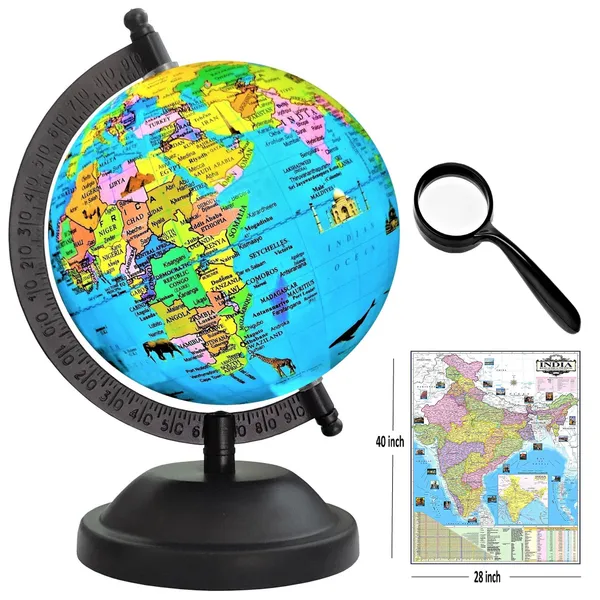 SEE_WORLD_-_Black_Globe,_50_mm_Magnifying_Glass_and_India_Map_Chart_|_8_Inch_Height,_5_Inch_Diameter_(Small_Size)|_Metallic_Decorative,_Multicolor_Monuments_Map,_Blue_Ocean,_Showpiece_For_Kids_School_College_Home_Offices