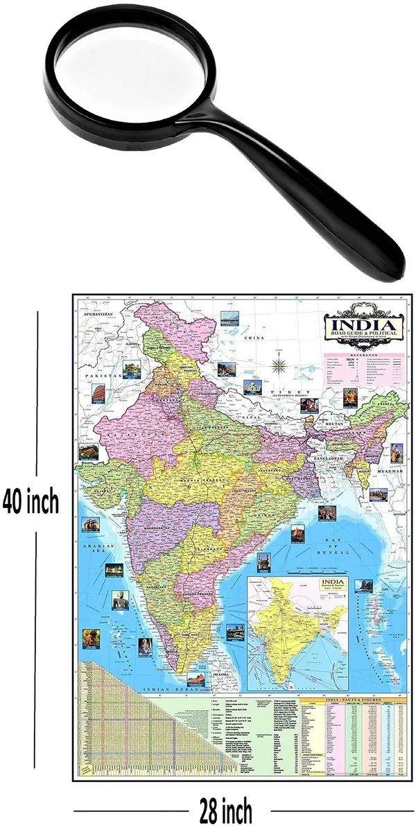 SEE_WORLD_-_Black_Globe,_50_mm_Magnifying_Glass_and_India_Map_Chart_|_8_Inch_Height,_5_Inch_Diameter_(Small_Size)|_Metallic_Decorative,_Multicolor_Monuments_Map,_Blue_Ocean,_Showpiece_For_Kids_School_College_Home_Offices