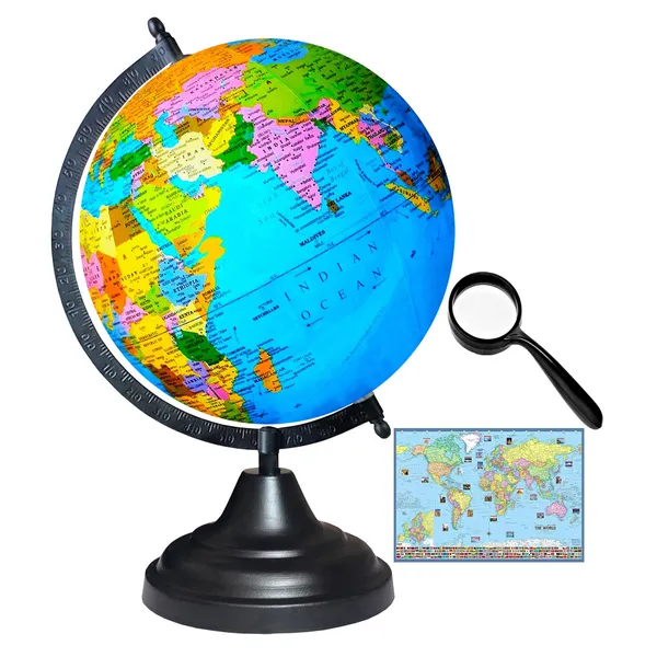 SEE_WORLD_-_Black_Globe,_50_mm_Magnifying_Glass_and_World_Map_Chart_|_12_Inch_Height,_8_Inch_Diameter_(Medium_Size)|_Metallic_Decorative,_Multicolor_Map,_Blue_Ocean,_Showpiece_For_Kids_School_College_Home_Offices