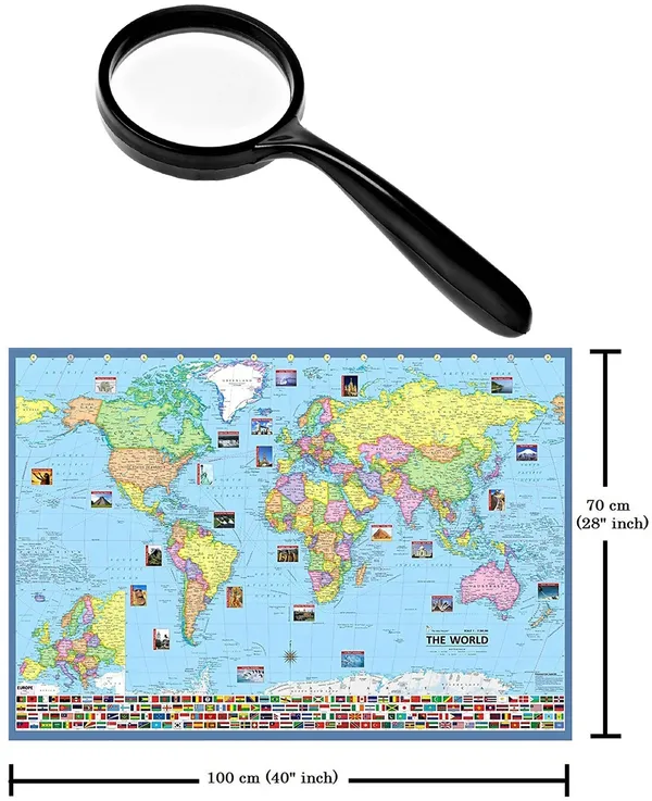 SEE_WORLD_-_Black_Globe,_50_mm_Magnifying_Glass_and_World_Map_Chart_|_12_Inch_Height,_8_Inch_Diameter_(Medium_Size)|_Metallic_Decorative,_Multicolor_Monuments_Map,_Blue_Ocean,_Showpiece_For_Kids_School_College_Home_Offices
