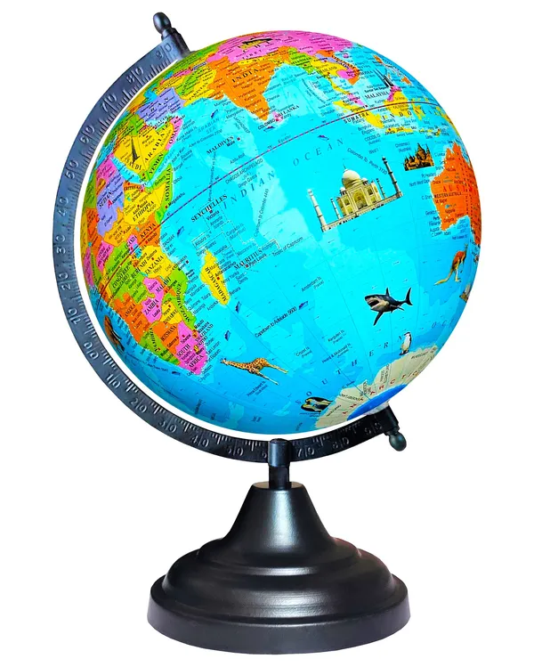 SEE_WORLD_-_Black_Globe,_50_mm_Magnifying_Glass_and_World_Map_Chart_|_12_Inch_Height,_8_Inch_Diameter_(Medium_Size)|_Metallic_Decorative,_Multicolor_Monuments_Map,_Blue_Ocean,_Showpiece_For_Kids_School_College_Home_Offices