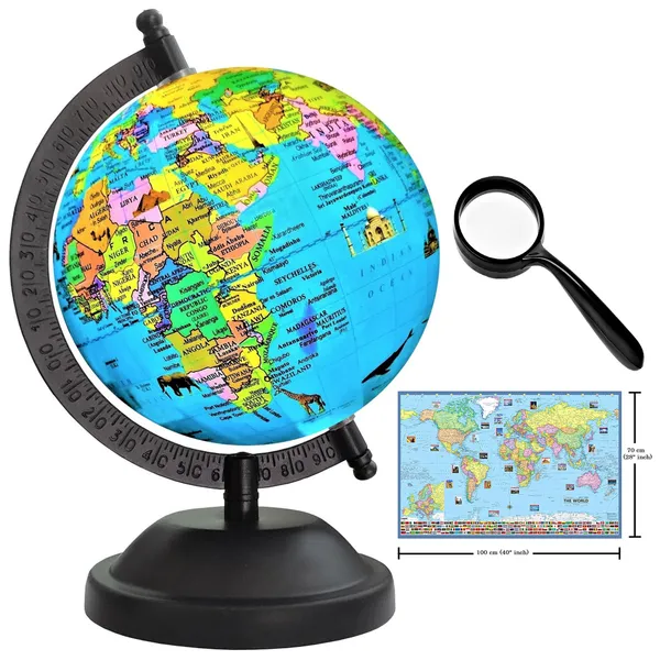 SEE_WORLD_-_Black_Globe,_50_mm_Magnifying_Glass_and_World_Map_Chart_|_8_Inch_Height,_5_Inch_Diameter_(Small_Size)|_Metallic_Decorative,_Multicolor_Monuments_Map,_Blue_Ocean,_Showpiece_For_Kids_School_College_Home_Offices
