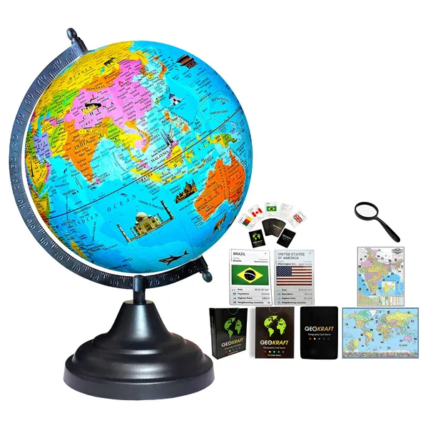 SEE_WORLD_-_Black_Globe,_52_Countries_Trump_Cards,_50_mm_Magnifying_Glass,_India_and_World_Map_Charts_|_12_Inch_Height,_8_Inch_Diameter_(Medium_Size)|_Metallic_Decorative,_Multicolor_Monuments_Map,_Blue_Ocean,_Showpiece_For_Kids_School_College_Home_Offices